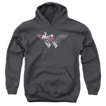 Charcoal youth hoodie for ages 8 to 12 with Batman v Superman Wonder Splatter Logo graphic
