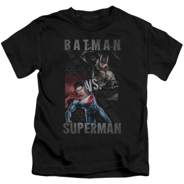 Black kid's t-shirt for ages 4 to 7 with Batman v Superman Hero Split graphic