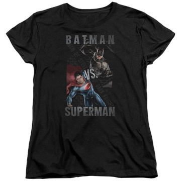Black women's t-shirt with Batman v Superman Hero Split graphic