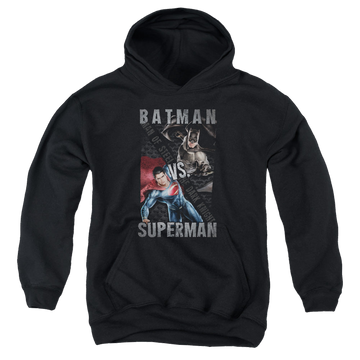 Black youth hoodie for ages 8 to 12 with Batman v Superman Hero Split graphic