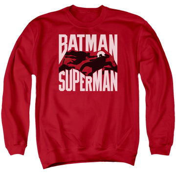 Red men's crewneck sweatshirt with Batman v Superman Silhouette Fight graphic