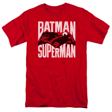 Red men's regular fit t-shirt with Batman v Superman Silhouette Fight graphic
