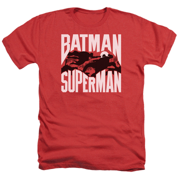 Red men's heather t-shirt with Batman v Superman Silhouette Fight graphic