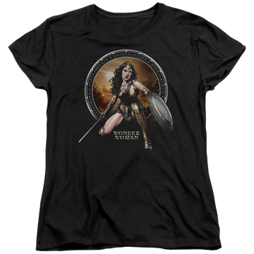 Black women's t-shirt with Batman v Superman Batlle Zone graphic