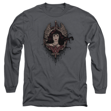 Charcoal men's long sleeve t-shirt with Batman v Superman Winged Goddess graphic