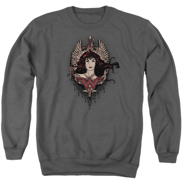 Charcoal men's crewneck sweatshirt with Batman v Superman Winged Goddess graphic