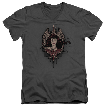 Charcoal men's v-neck t-shirt with Batman v Superman Winged Goddess graphic