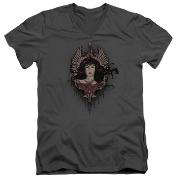 Charcoal men's v-neck t-shirt with Batman v Superman Winged Goddess graphic