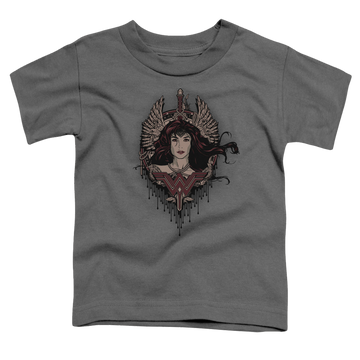 Charcoal kid's t-shirt for ages 4 to 7 with Batman v Superman Winged Goddess graphic
