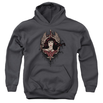 Charcoal youth hoodie for ages 8 to 12 with Batman v Superman Winged Goddess graphic