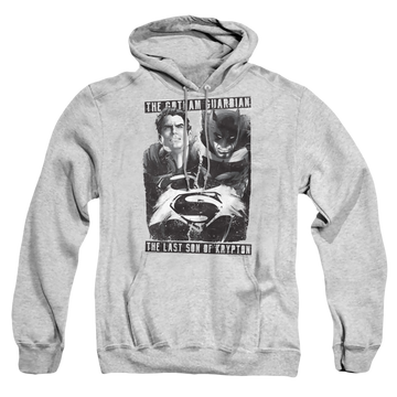 Athletic heather pullover hoodie with Batman v Superman Guardian V Son graphic