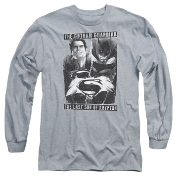 Athletic heather men's long sleeve t-shirt with Batman v Superman Guardian V Son graphic