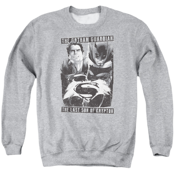 Athletic heather men's crewneck sweatshirt with Batman v Superman Guardian V Son graphic