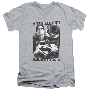 Athletic heather men's v-neck t-shirt with Batman v Superman Guardian V Son graphic