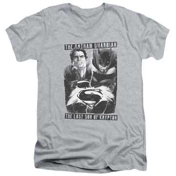 Athletic heather men's v-neck t-shirt with Batman v Superman Guardian V Son graphic