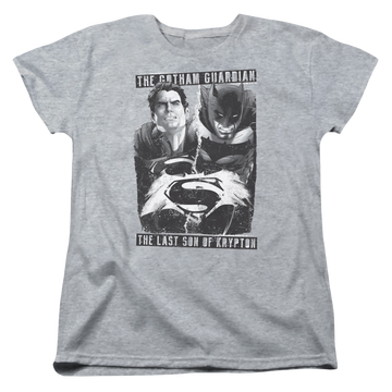 Athletic heather women's t-shirt with Batman v Superman Guardian V Son graphic