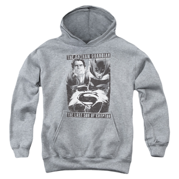 Athletic heather youth hoodie for ages 8 to 12 with Batman v Superman Guardian V Son graphic