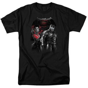 Black men's regular fit t-shirt with Batman v Superman Stand Off graphic