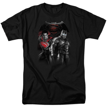 Black men's regular fit t-shirt with Batman v Superman Stand Off graphic