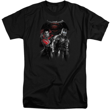 Black men's tall fit t-shirt with Batman v Superman Stand Off graphic