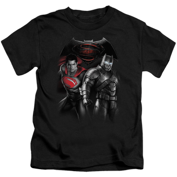 Black kid's t-shirt for ages 4 to 7 with Batman v Superman Stand Off graphic