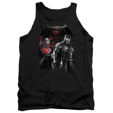 Black men's tank with Batman v Superman Stand Off graphic