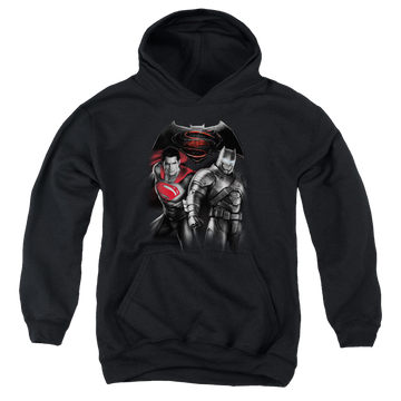 Black youth hoodie for ages 8 to 12 with Batman v Superman Stand Off graphic