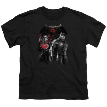 Black youth t-shirt for ages 8 to 12 with Batman v Superman Stand Off graphic