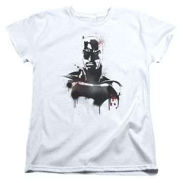 White women's t-shirt with v Superman Batman Spray graphic