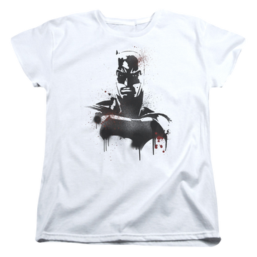 White women's t-shirt with v Superman Batman Spray graphic