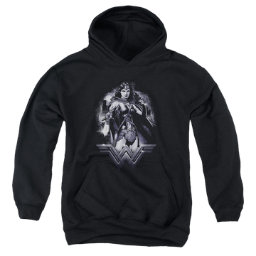 Black youth hoodie for ages 8 to 12 with Batman v Superman Rainy Night graphic