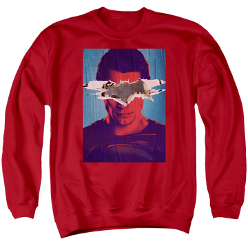 Red men's crewneck sweatshirt with Batman v Superman Superman Poster graphic