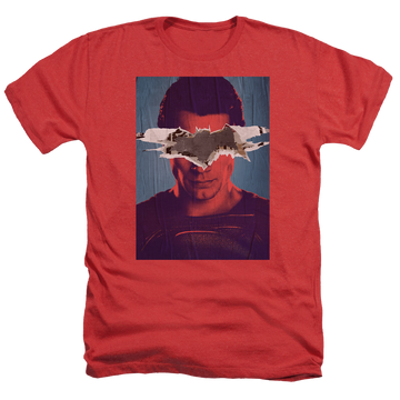 Red men's heather t-shirt with Batman v Superman Superman Poster graphic