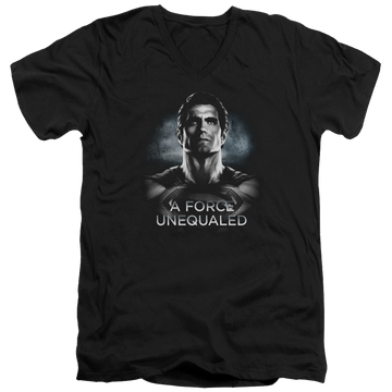 Black men's v-neck t-shirt with Batman v Superman Unequaled graphic