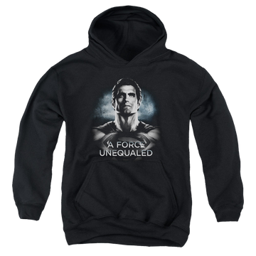 Black youth hoodie for ages 8 to 12 with Batman v Superman Unequaled graphic