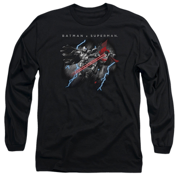Black men's long sleeve t-shirt with Batman v Superman Lightning Fight graphic