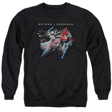 Black men's crewneck sweatshirt with Batman v Superman Lightning Fight graphic