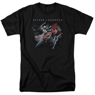 Black men's regular fit t-shirt with Batman v Superman Lightning Fight graphic