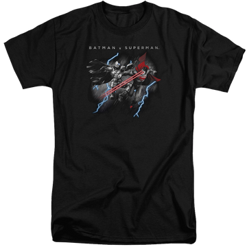 Black men's tall fit t-shirt with Batman v Superman Lightning Fight graphic