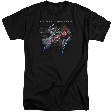 Black men's tall fit t-shirt with Batman v Superman Lightning Fight graphic