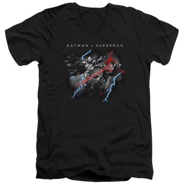 Black men's v-neck t-shirt with Batman v Superman Lightning Fight graphic