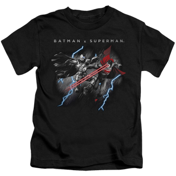 Black kid's t-shirt for ages 4 to 7 with Batman v Superman Lightning Fight graphic