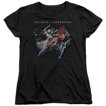 Black women's t-shirt with Batman v Superman Lightning Fight graphic