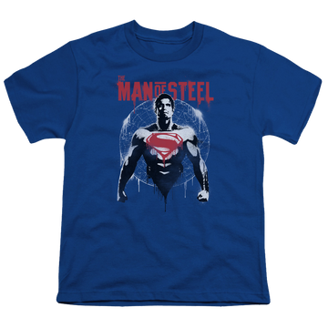 Royal youth t-shirt for ages 8 to 12 with Batman v Superman Super Spray graphic