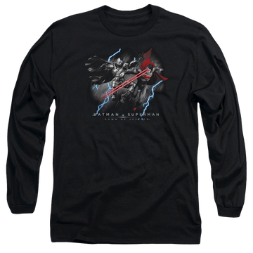 Black men's long sleeve t-shirt with Batman v Superman Lightning V Heat Vision graphic