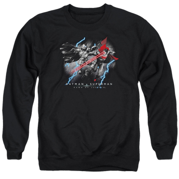 Black men's crewneck sweatshirt with Batman v Superman Lightning V Heat Vision graphic