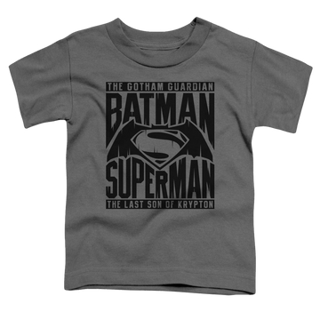 Charcoal kid's t-shirt for ages 4 to 7 with Batman v Superman Title Fight graphic