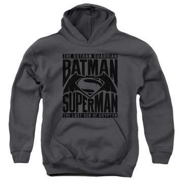 Charcoal youth hoodie for ages 8 to 12 with Batman v Superman Title Fight graphic