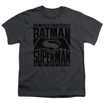 Charcoal youth t-shirt for ages 8 to 12 with Batman v Superman Title Fight graphic