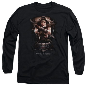 Black men's long sleeve t-shirt with Batman v Superman Ww Ground Zero graphic